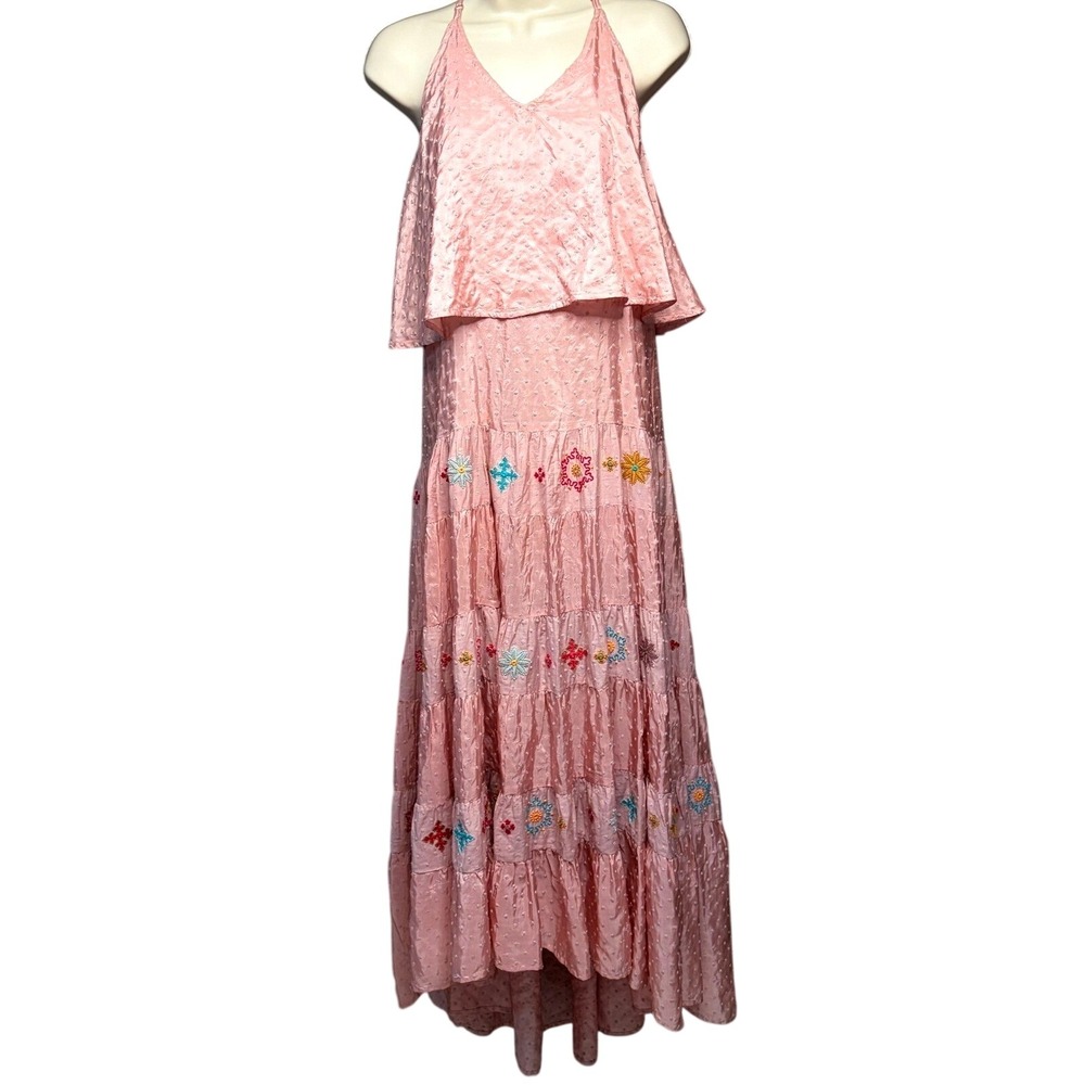 Anthropologie Let Me Be Perfect Day Maxi Dress Womens Sz S Pink Silk Embroidered